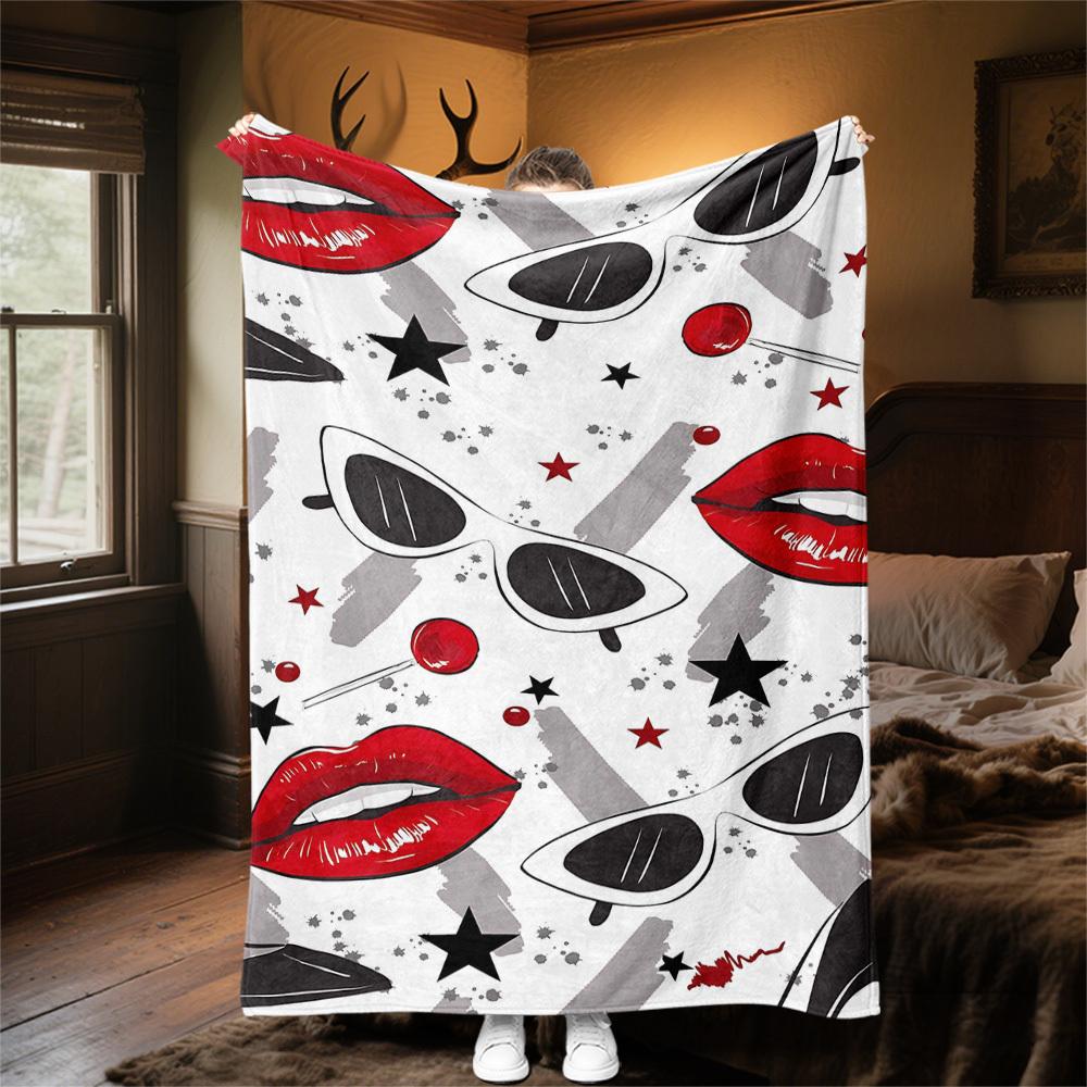 1pc Lips Glasses Outdoor Flannel Blanket Soft Warm All-Season Throw for Sofa Bed Car Camping Office, Cozy Gift Idea1131S