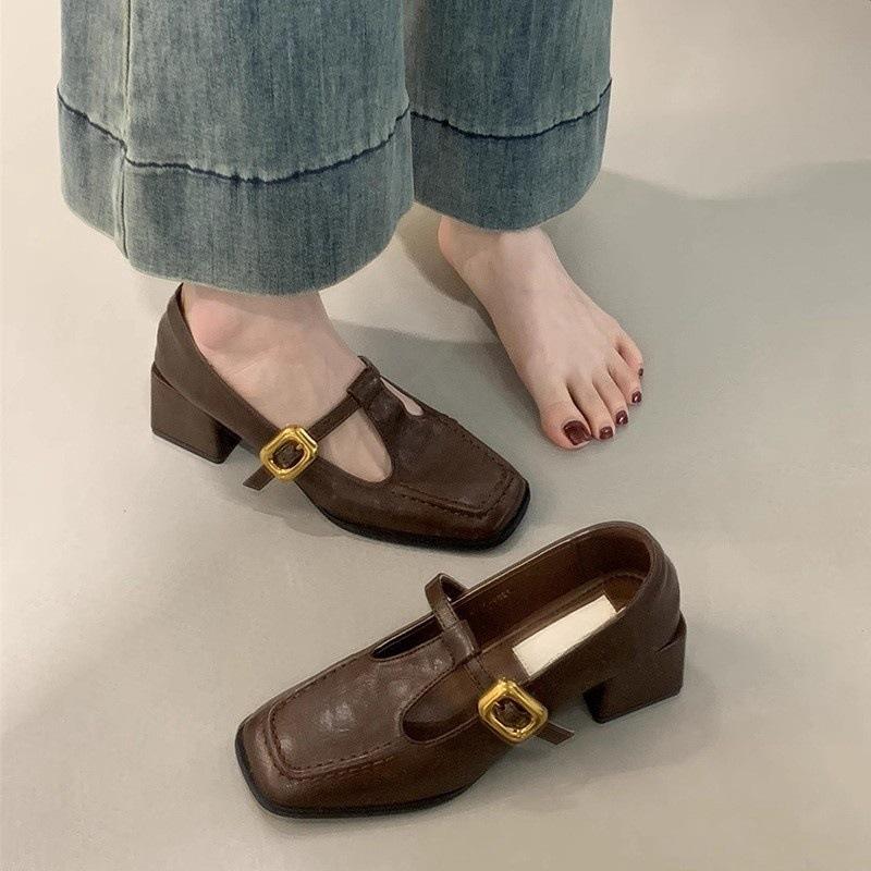 Retro Square Head Thick Heel Single Shoes Women's Spring and Autumn New Fairy High Heels Mary Jane Small Leather Shoes