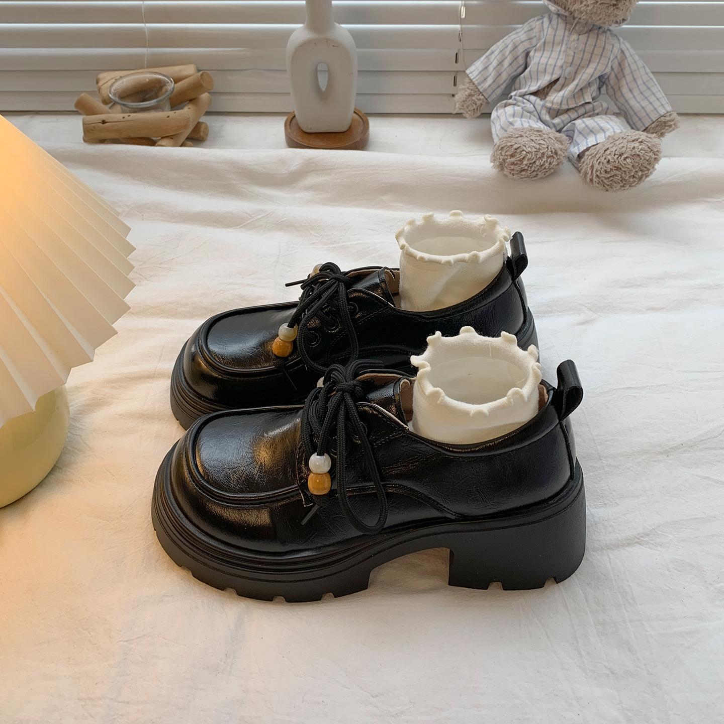 

White British style platform thick heel lace-up small leather shoes women s 2025 new autumn skirt JK heightening loafers 40 чорний