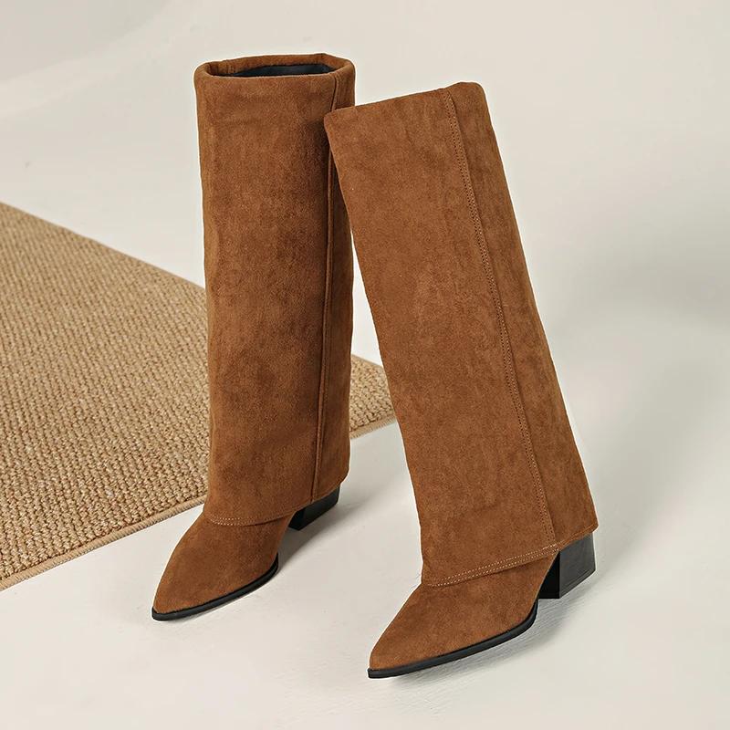 Fashion Block Heel Tall Boots Women's Fashion Pointed Toe Sleeve Suede Non-Slip Wear-Resistant High Heels