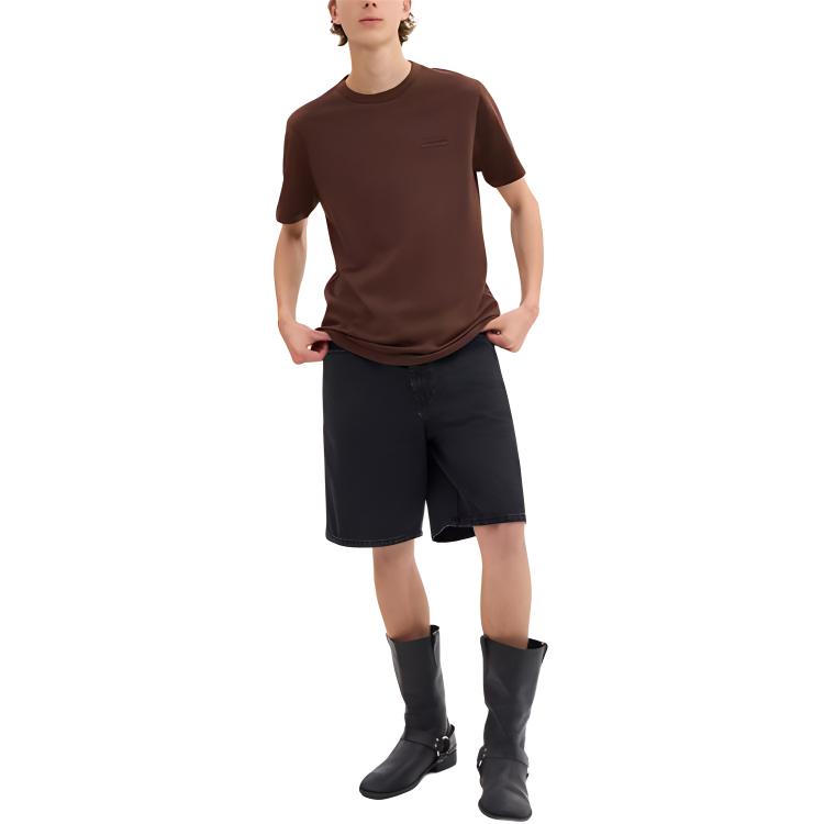 Coach Solid Color Logo Embroidered Round Neck Pullover Short Sleeve T-Shirt Unisex Tops Brown CL685-BRN