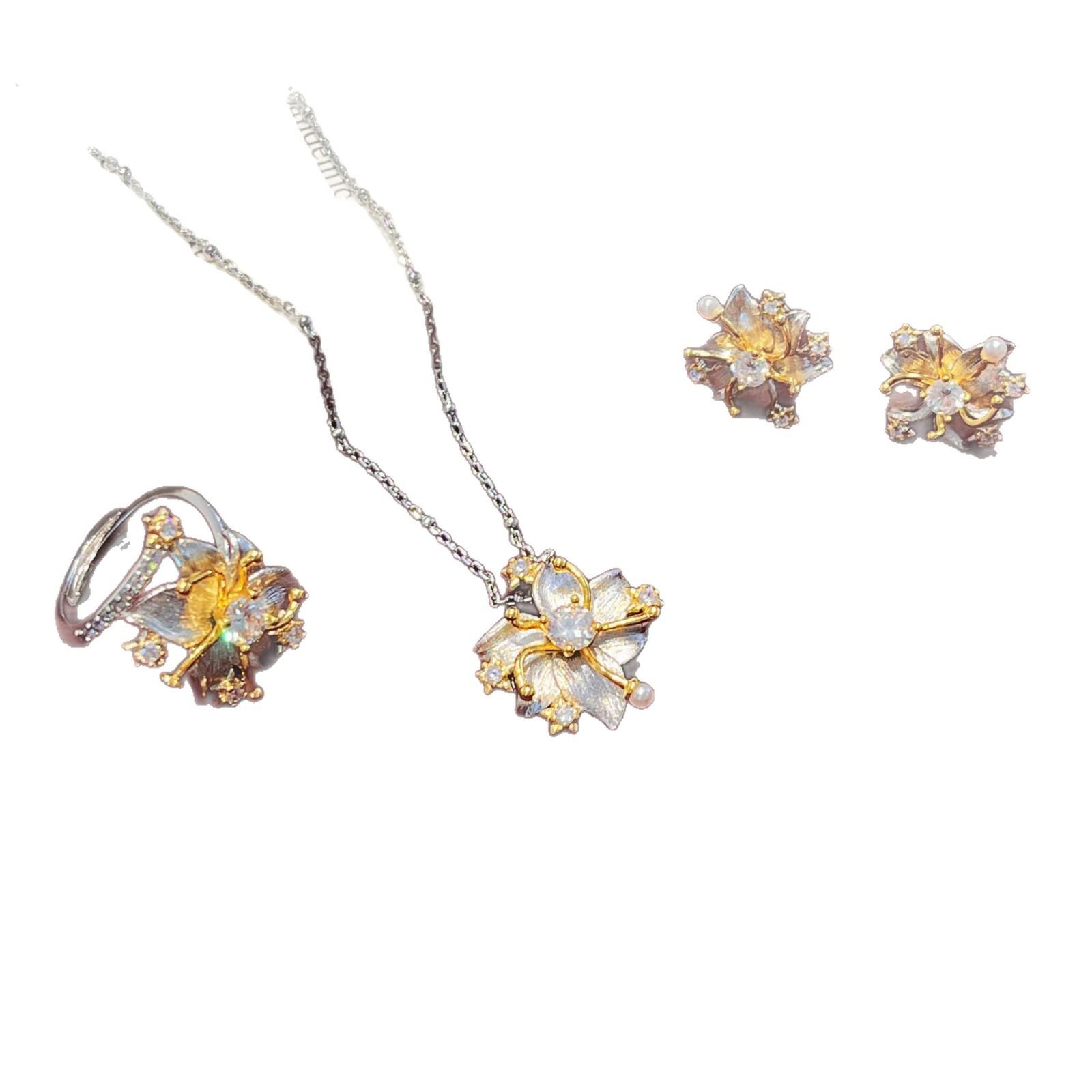 

2026 Hand-brushed gold gardenia necklace stud ring set light luxury and high-end feeling 45CM