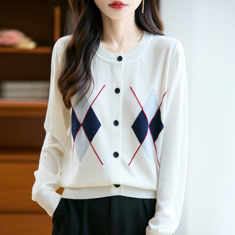 Cardigan Haut de Gamme Automne et Hiver, Haut Court Ample et Décontracté, Veste Pull à Col Rond et Motifs Diamant pour Femmes