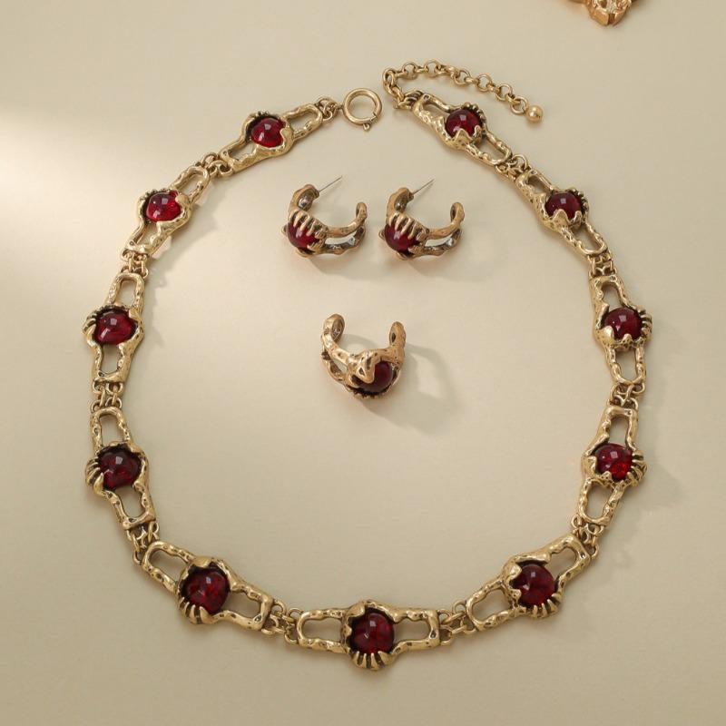 Meier Used vintage women's alloy jewelry set - earrings, ring, and necklace set