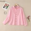 Women Casual Turn Down Collar Solid Color Loose Long Sleeve Blouse