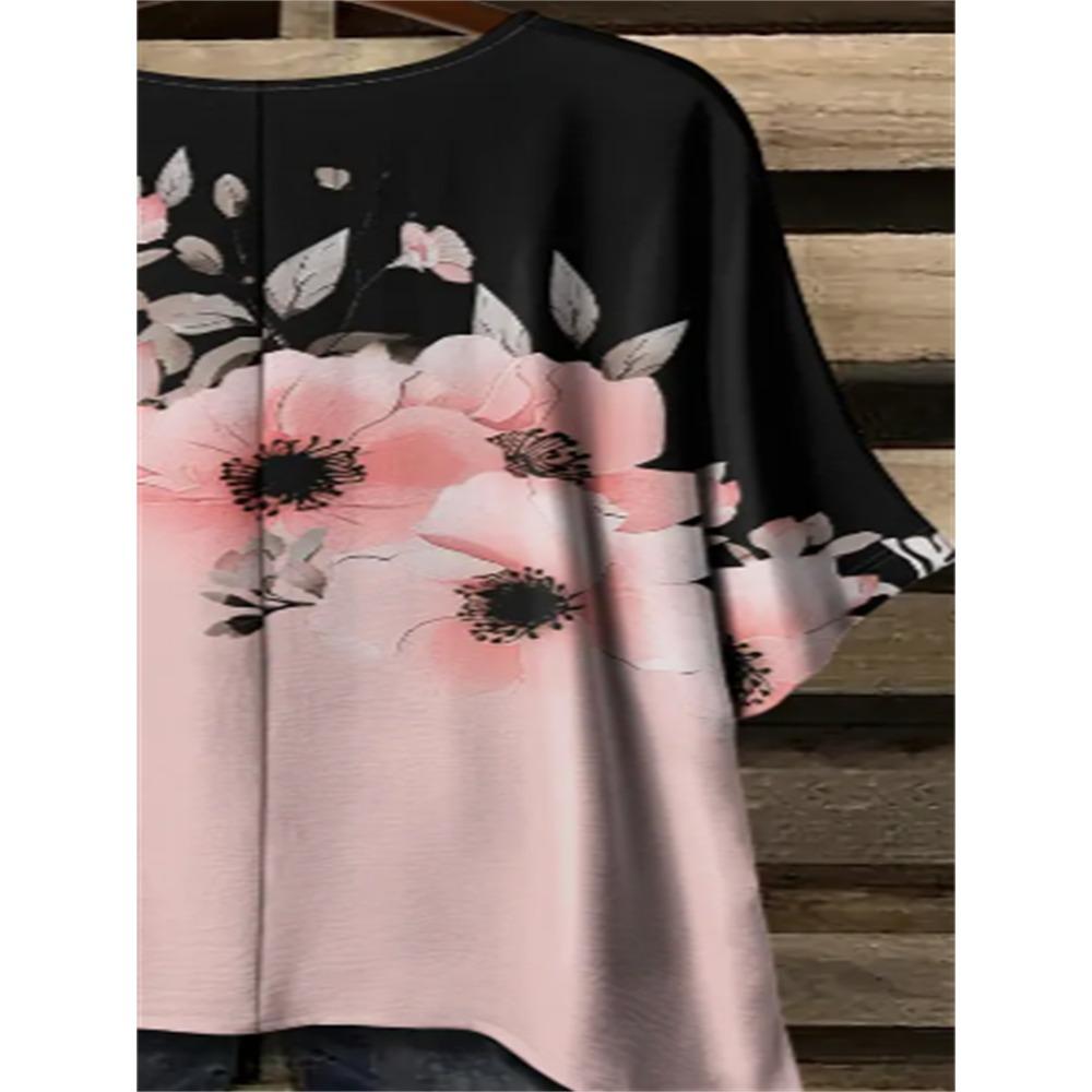 Plus Size Women's Casual T-Shirt - Pink Floral Print with Black Embellishment