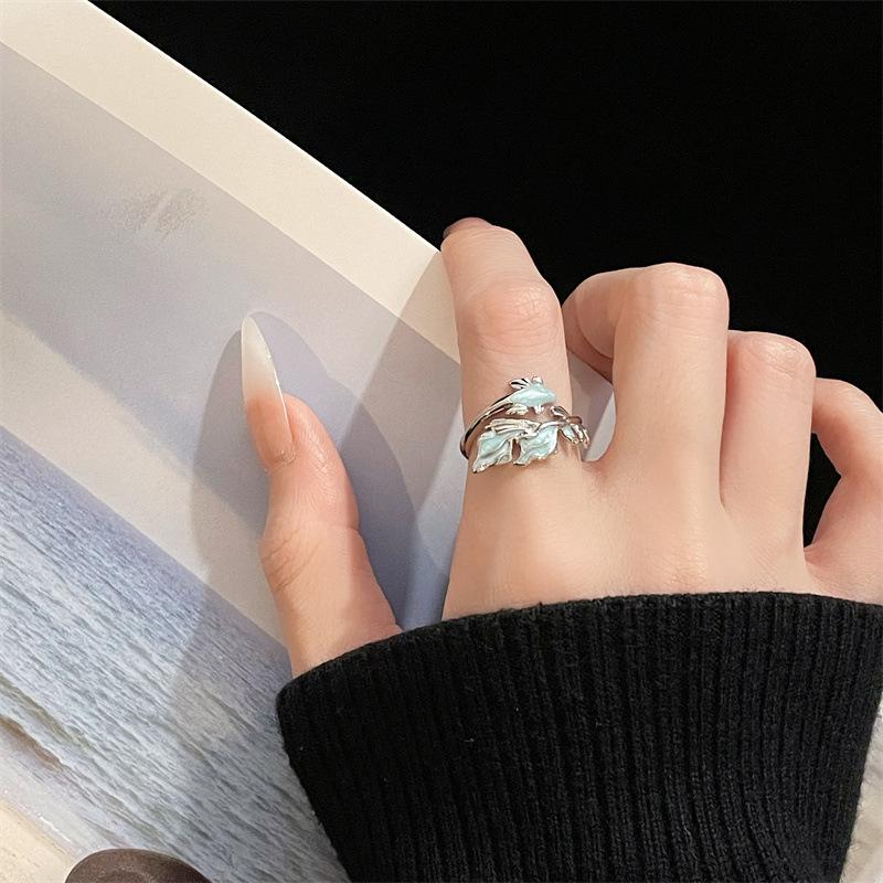 Sea Blue Enamel Fish-Shaped Open Ring Love Fashion High Personality Exquisite Mori Elegant Ring Woman