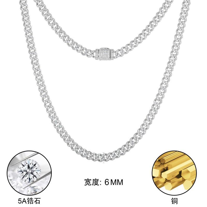 6mm Single Row Zircon Cuban Link Chain Multi-color Trendy Hip Hop Necklace Men