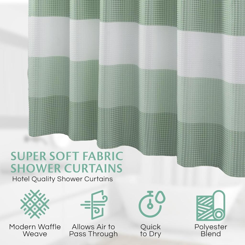 Waffle Waterproof Shower Curtain, Green Stripe Decorative Shower Curtain With Hooks, Waterproof Fabric Bathroom Shower Curtain