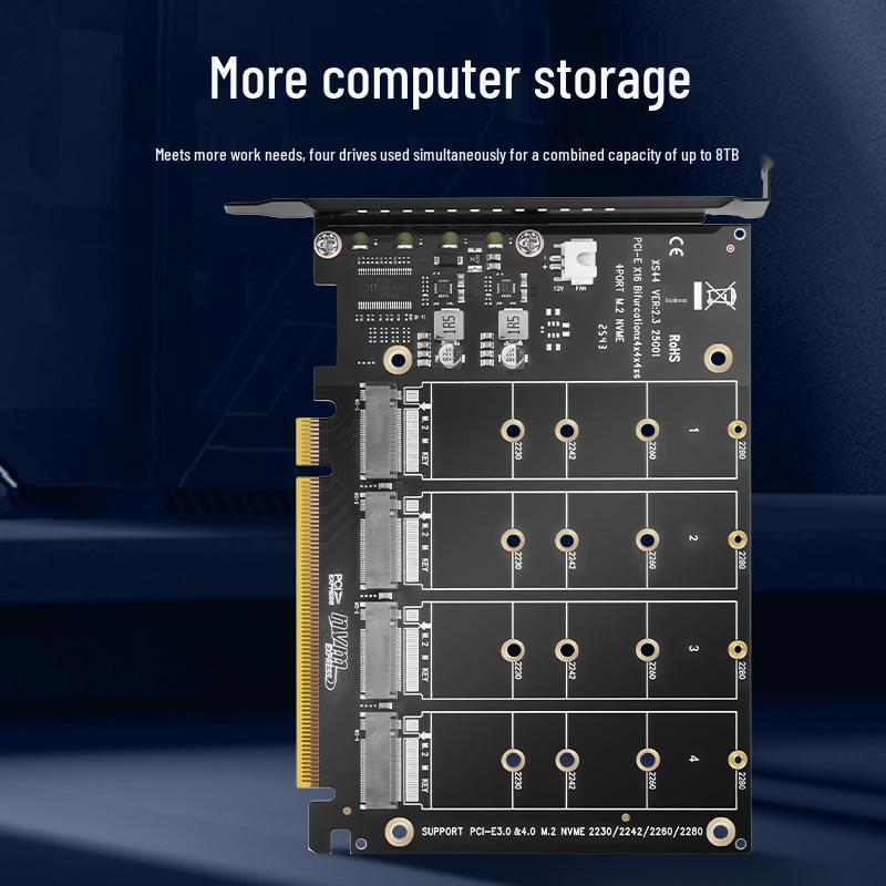 PCIe X16 Quad M.2 NVMe Expansion Card - 4-Bay RAID, Supports Software RAID, 2TB per Drive.