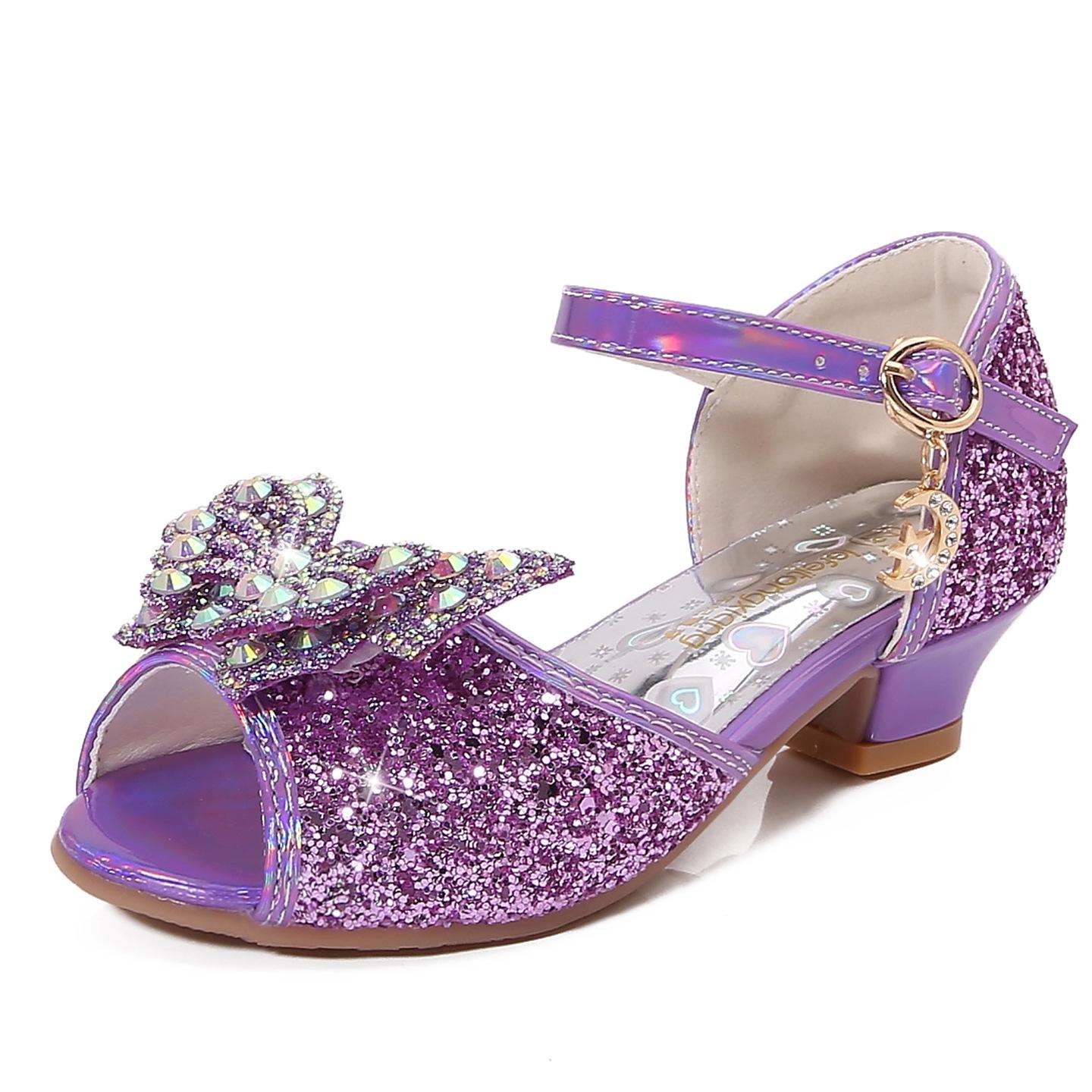 

2025 New Summer Girls Princess Sandals - Soft Sole Butterfly Crystal High Heels for Kids 29 фіолетовий