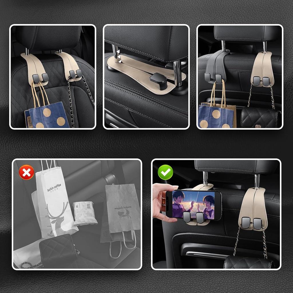 2 Pack KAFANLIN Car Headrest Hooks For Purses And Bags Cute Leather Car Seat Back Head Rest Double Hooks For Bags Cute Pink Beige Car Accessories