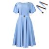 Women's summer fashion bubble sleeves elegant high waist solid color round neck large skirt dress