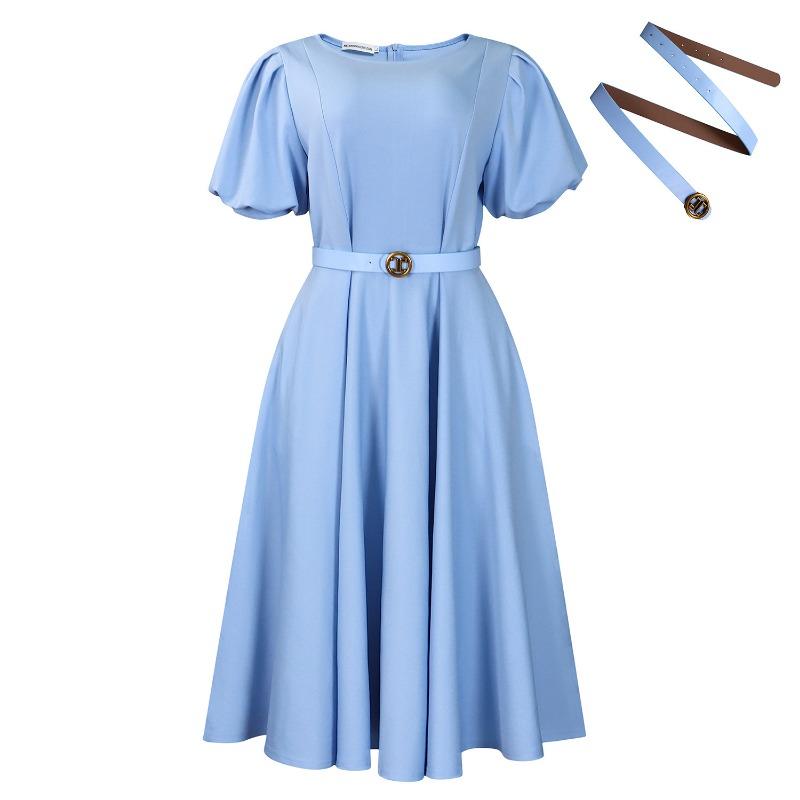 Women's summer fashion bubble sleeves elegant high waist solid color round neck large skirt dress