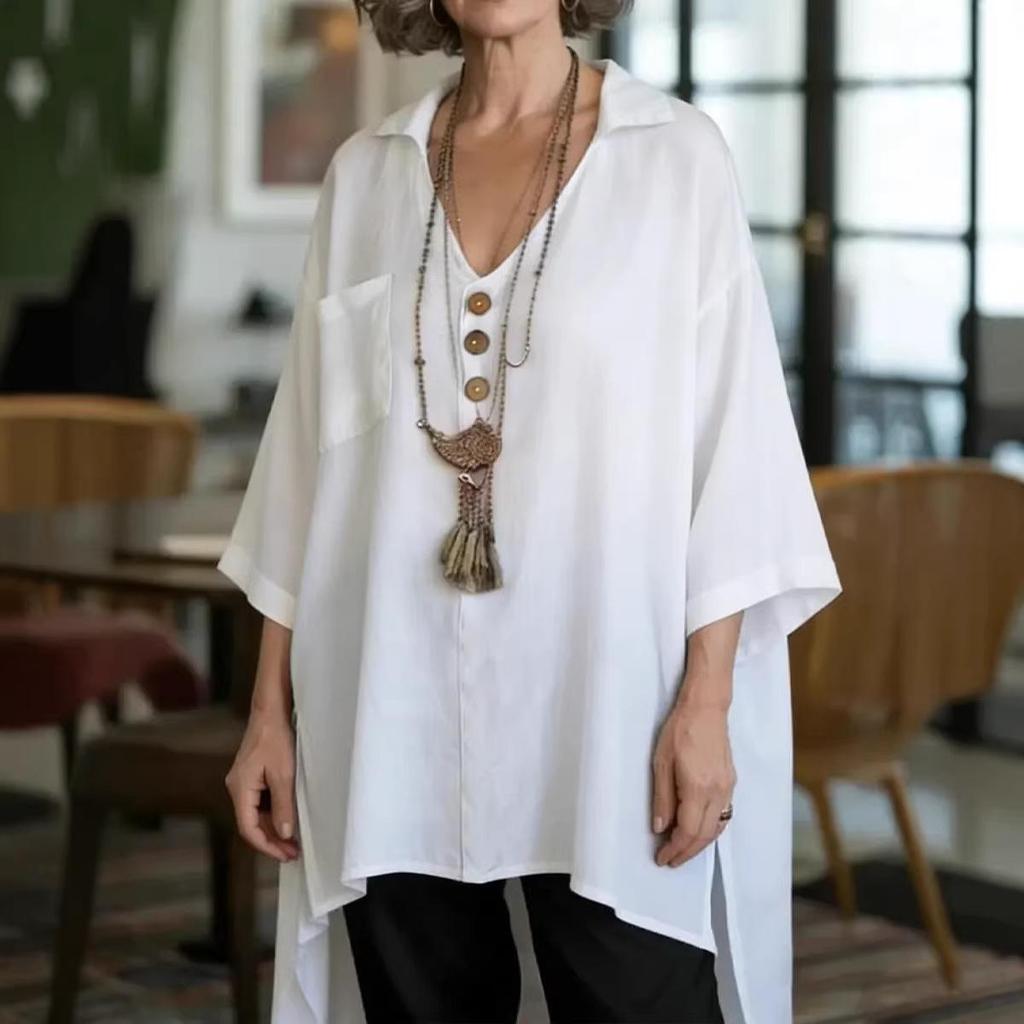 Spring/Summer 2026 Women's Cotton-Linen Top: European & American Style, Solid Color, Casual Loose Fit with Buttoned Short Front-Back Design.