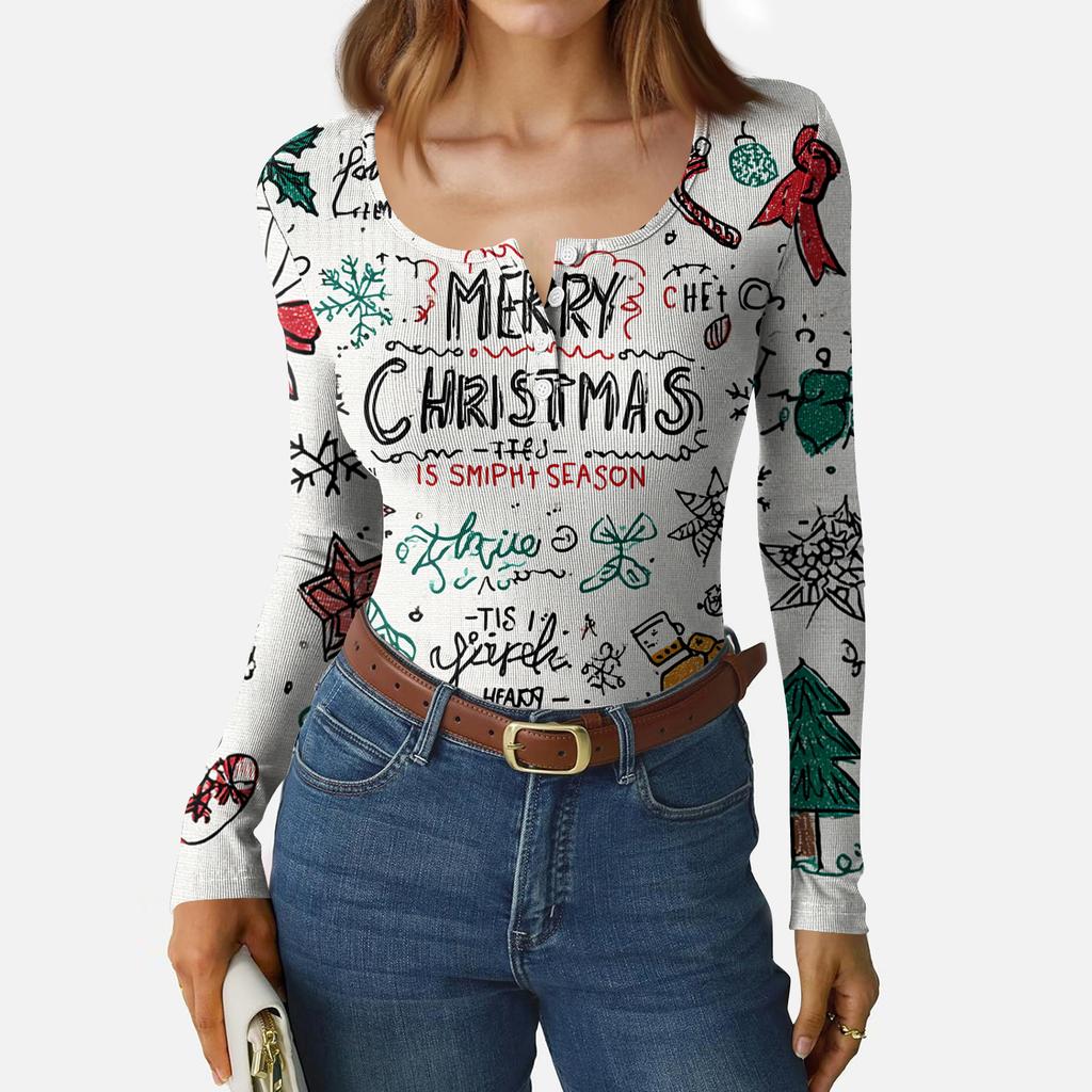 Women's Casual Fashion Christmas Print Button Long Sleeve Top