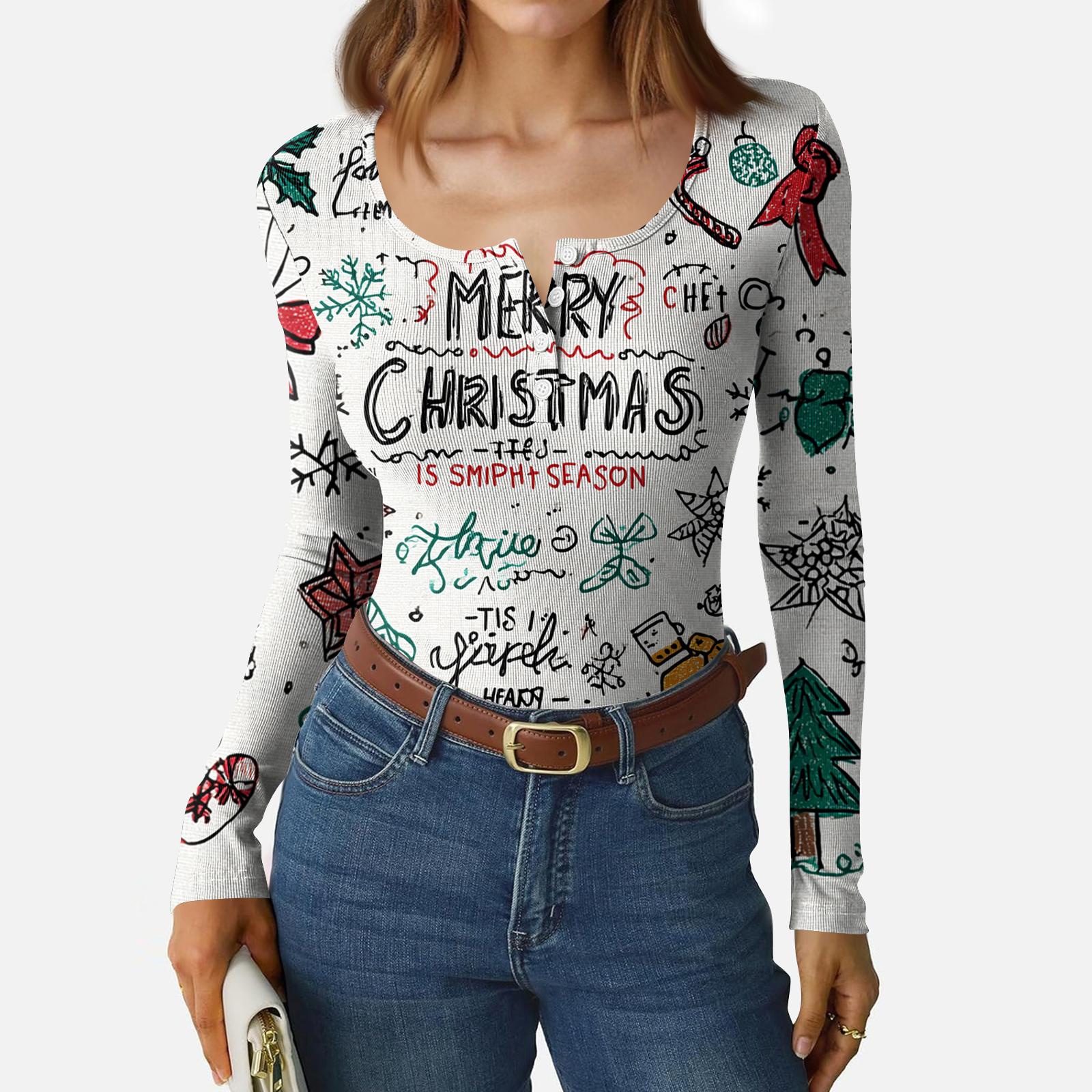 

Женский повседневный модный топ с длинными рукавами на пуговицах и рождественским принтом L белый