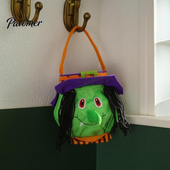 Halloween Costume Accessories Candy Bags for Kids, Trick or Treat Handbag with Handle, Spooky Durable Carrying Witch Ghost Black Cat Pumpkin