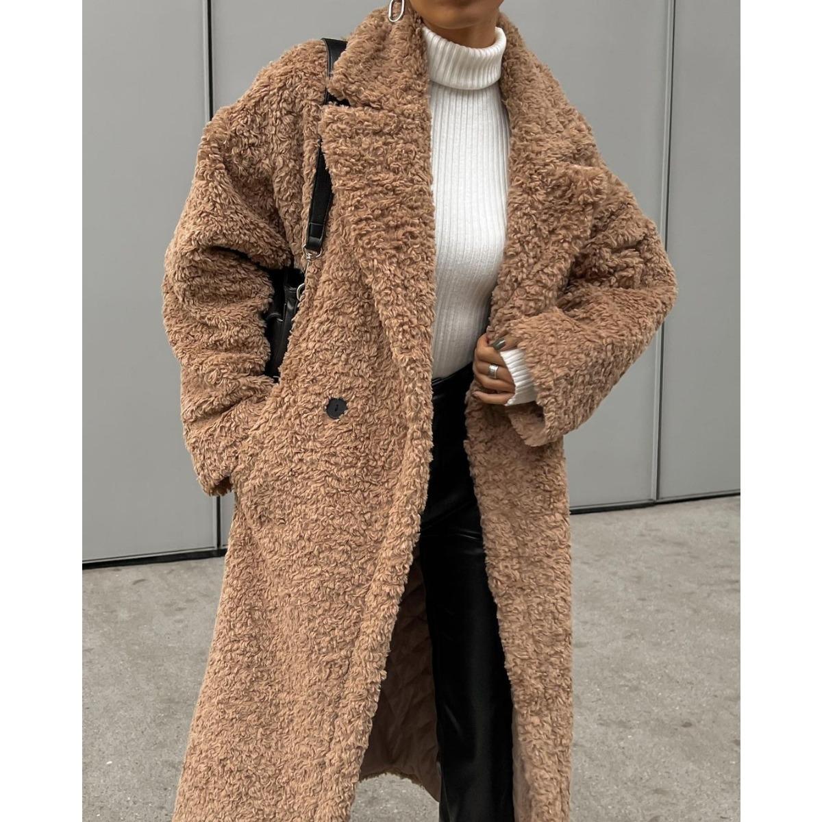 

2025 Autumn Winter New Women s Elegant Office Wool Blend Coat Long Sleeve Lapel Fleece Outerwear for Ladies XL верблюд