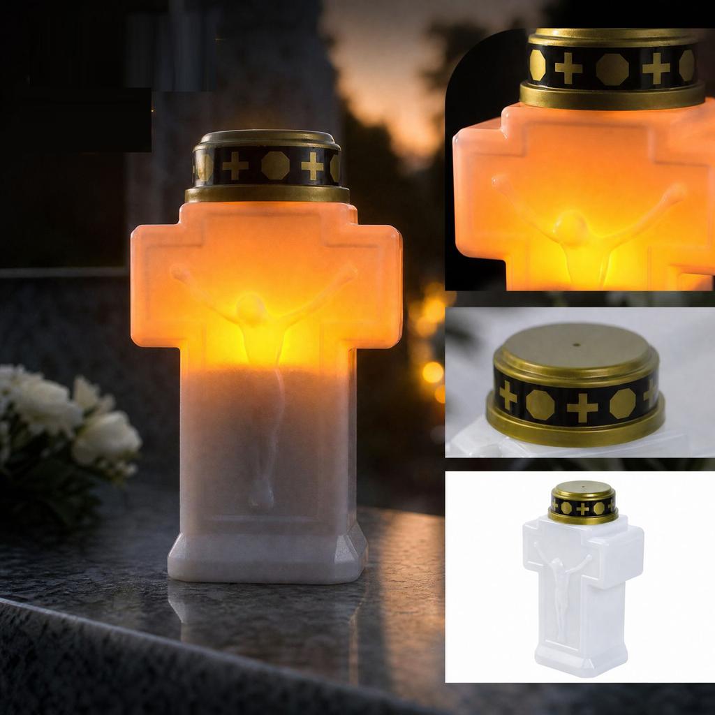 Plastic Battery Operated Cross Shaped Religious Candle Lamp for Church and Cemetery Decoration