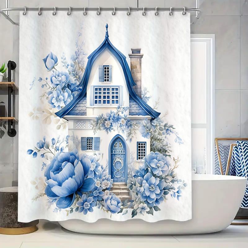 Blue Floral House Shower Curtain For Bathroom - Waterproof And Durable With Elegant Design Suitable For Wet And Dry Separation