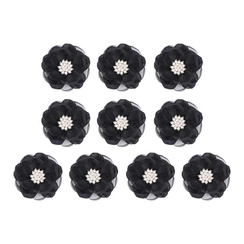 Fabric Flower Appliques with Layered Construction and Center Clusters, Set of Ten for Garments, Hair Accessories and Crafts