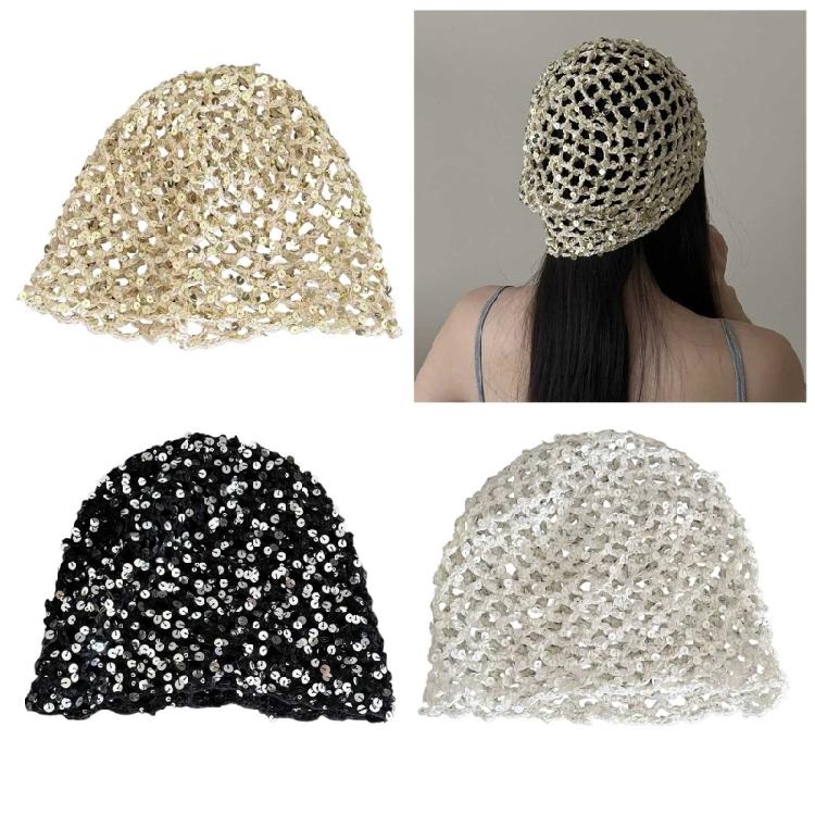Reflective Sequined Hat Stackable Design Comfortable Pullover Hollowout Hat For Women Daily and Evening Party Photo Wear