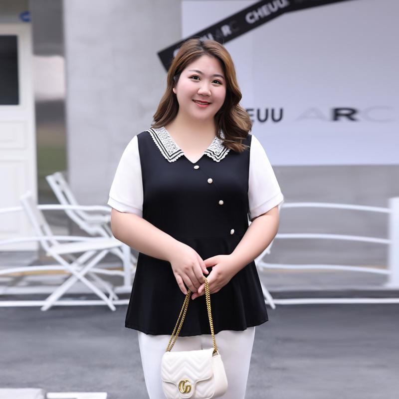 

Плюс Размер Женский Летний Новый V-образный вырез Талия Утягивающий шифоновый топ с короткими рукавами 5XL чёрный