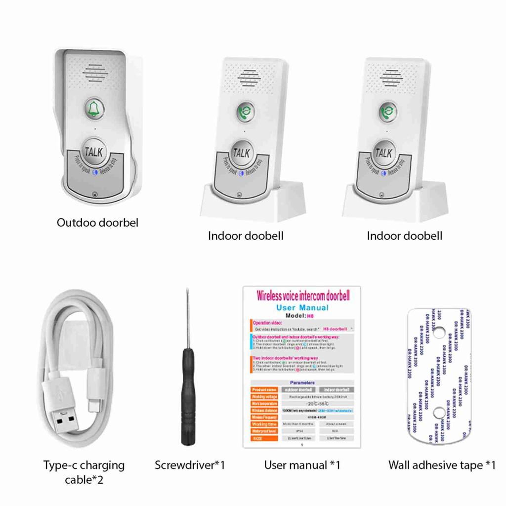 Wireless Doorbell Intercom Rechargeable Smart Intercom Doorbells for Home Real Time 3 Volume Levels 1000m 3280ft Long
