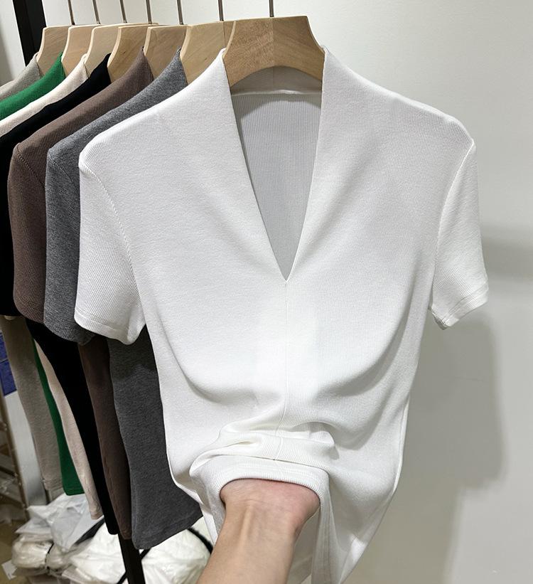 

Модная футболка с V-образным вырезом, с короткими рукавами, женская летняя новинка, облегающий топ с рукавами до локтя 2XL белый