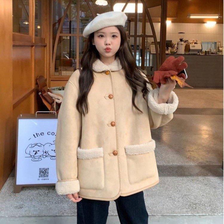 

High-end splicing lamb wool coat women s 2025 winter fashion lazy style high-end cotton-padded clothes S хаки