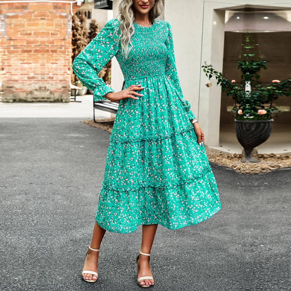 Dámské podzimní elegantní dlouhé potištěné šaty s lucernou s rukávem a vysokým pasem