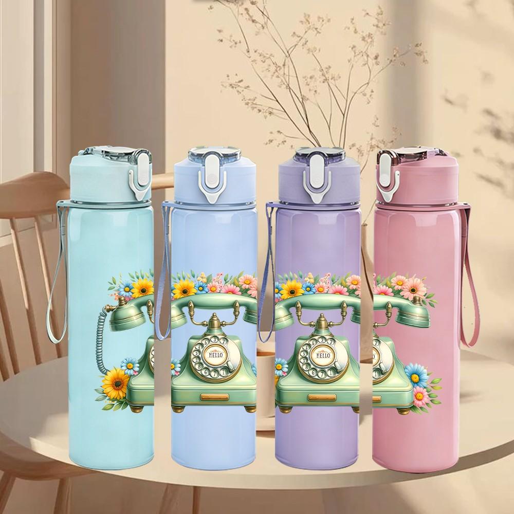 1PC Retro Vintage Telephone Pattern 750ml Color Plastic Sports Water Bottle Leakproof Flip Straw Lid Suitable for Sports Office Home Use