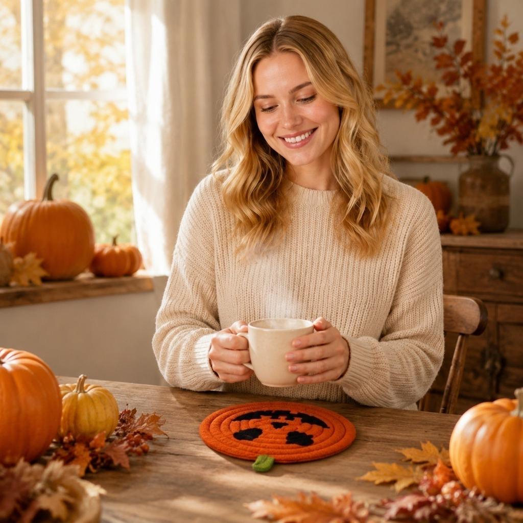 Set of 8 Halloween Pumpkin Coasters Cotton Rope Round Placemats with Various Face Designs Durable Table Protection Seasonal Decor