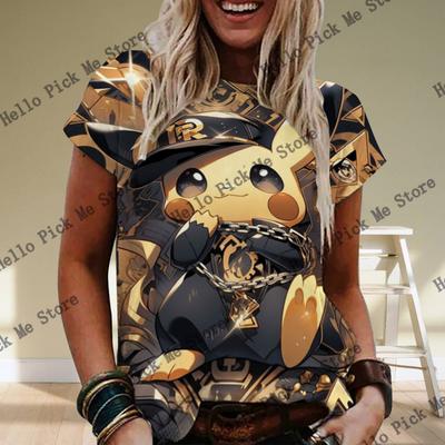 Nuevas camisetas de mujer con estampado 3D de Pokémon Pikachu, camisetas de verano de cuello redondo y manga corta kawaii para mujer, camisetas, ropa de moda