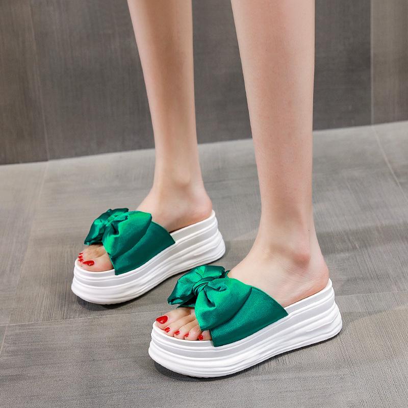 Bow slippers 2025 summer height increase platform women's shoes beach cool slippers comfortable to wear fish mouth design