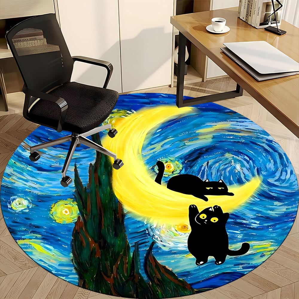 1pc Moon Cats Office Round Area Rug, Under Office Chairs Bedroom Living Room Home Decor, Room Deco, Available In Various Sizes