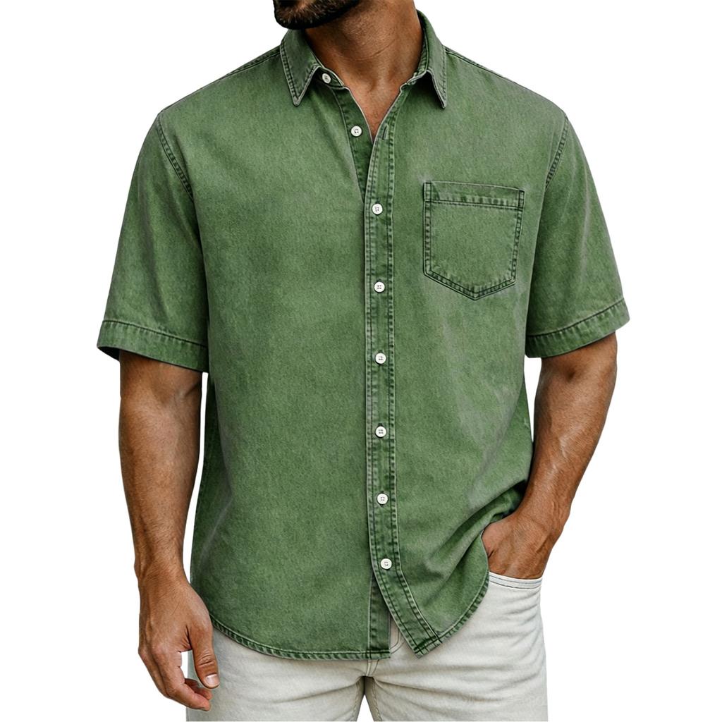 Herren Freizeit Lässig Locker Button-Down Kragen Kurzarm Jeanshemd