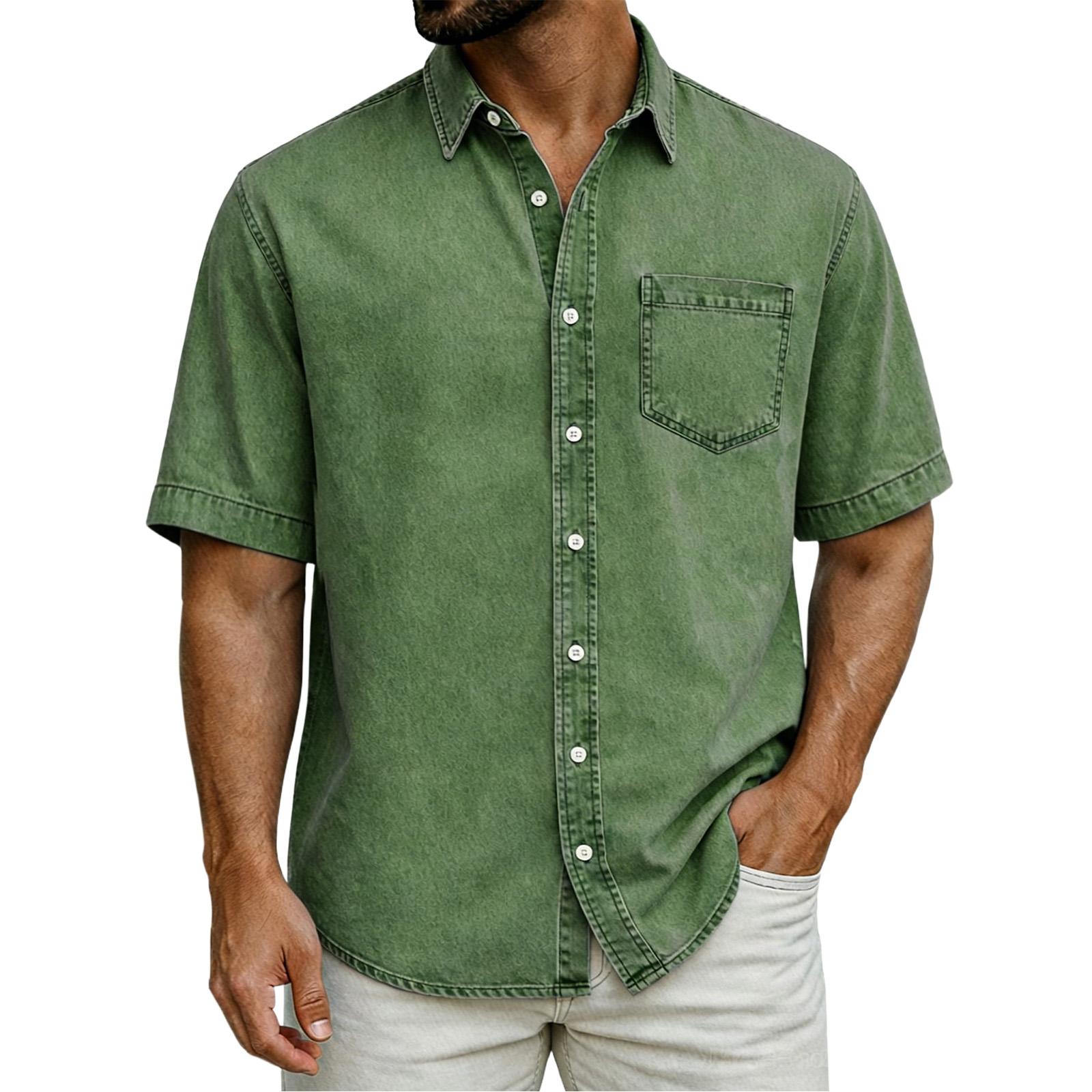 

Мужская повседневная свободная джинсовая рубашка с пуговицами и коротким рукавом M