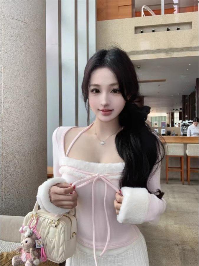 Pink Patchwork Square Neck Long Sleeve Slim Fit T-Shirt for Women - Autumn/Winter Style