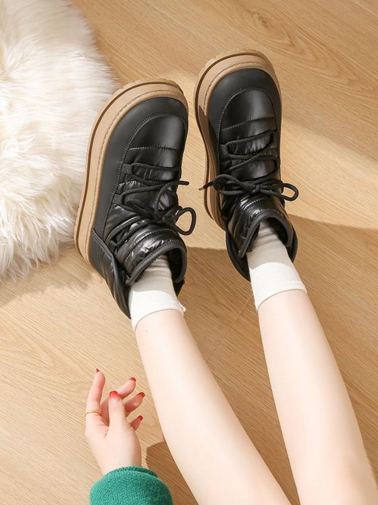 Fashion Lace-up Chunky Round Toe Women's Snow Boots Plush Warm Ladies Shoes Winter Fashion 2025 New In High Quality Goth Padded Booties