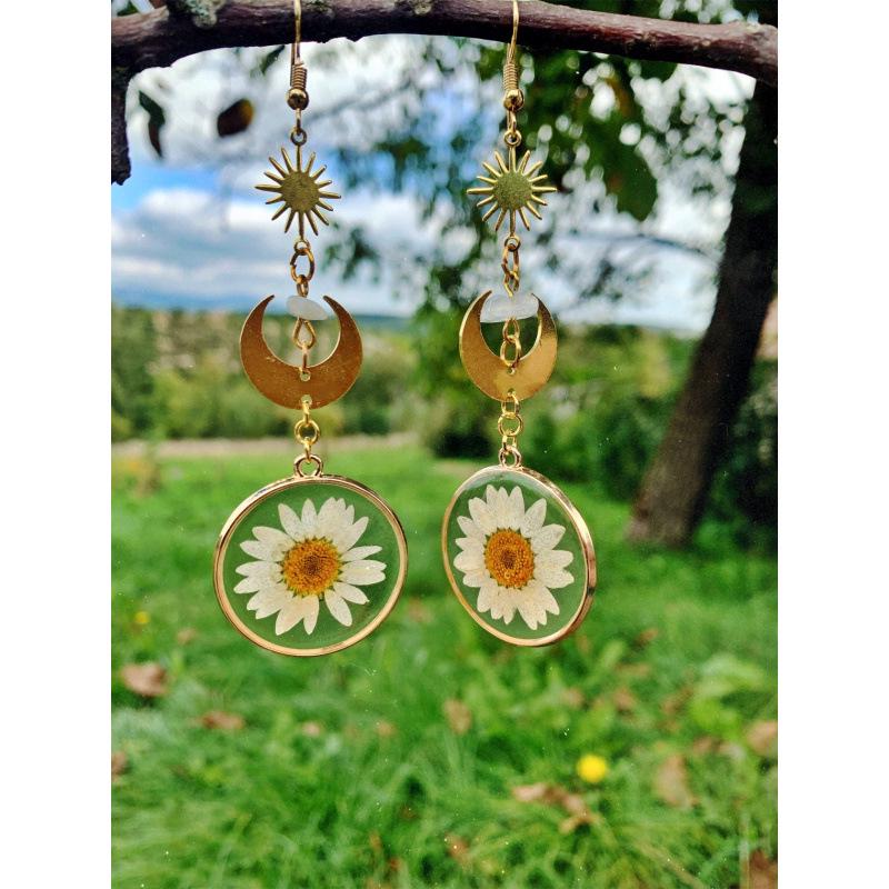 Crescent Earrings with Daisy-Embedded Quartz Crystals