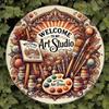 Vintage Welcome Sign Round Metal Art Studio Decor Painting Palette