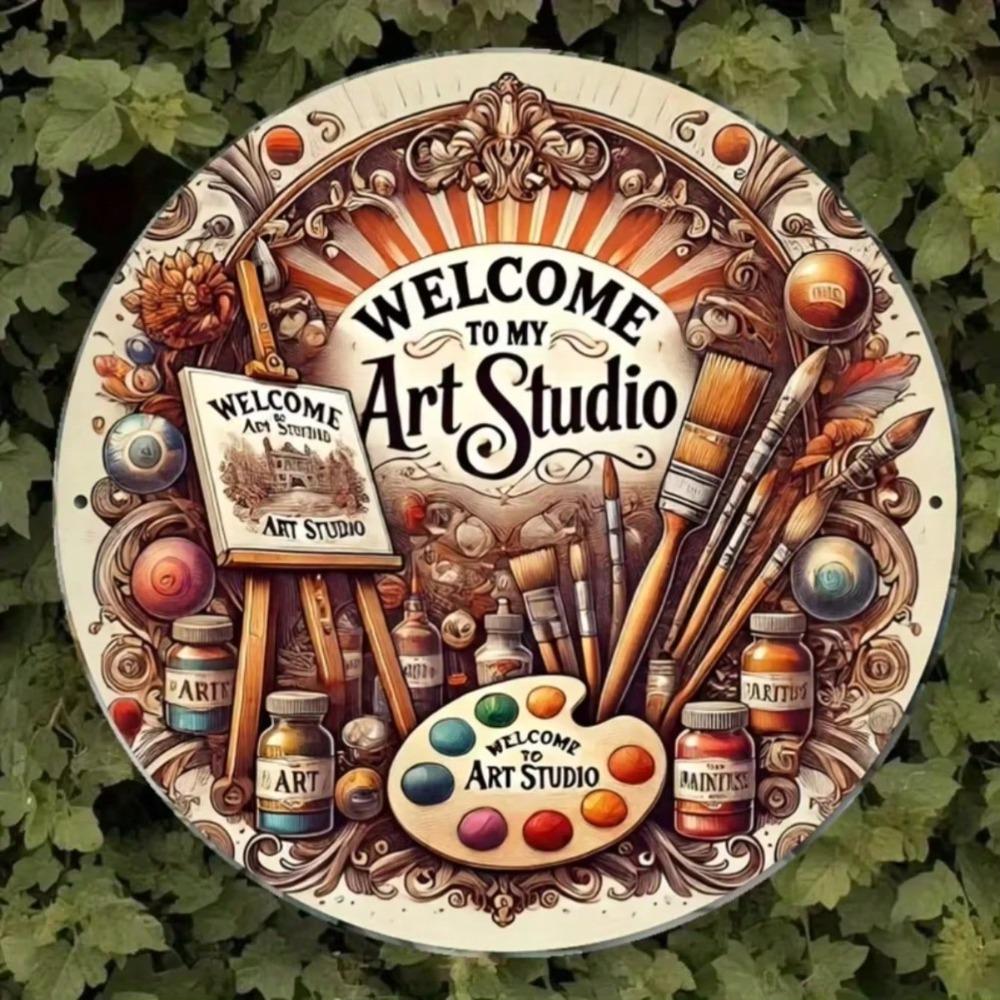 Vintage Welcome Sign Round Metal Art Studio Decor Painting Palette