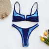 Women Solid Color Strappy V Neck Backless Two Piece Bikini Swimwear