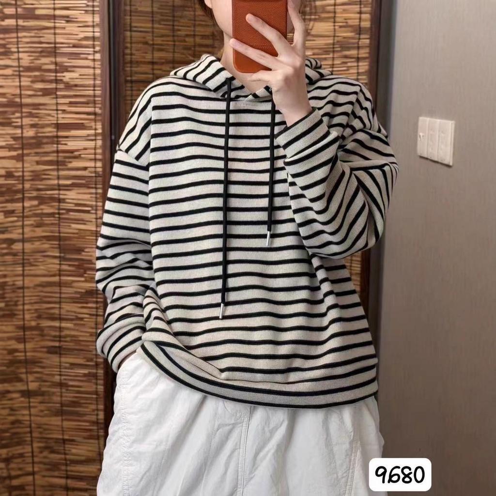 Women's Striped Hooded Long-Sleeve Warm T-Shirt - 2025 Winter Loose Fit Korean Casual Style Top