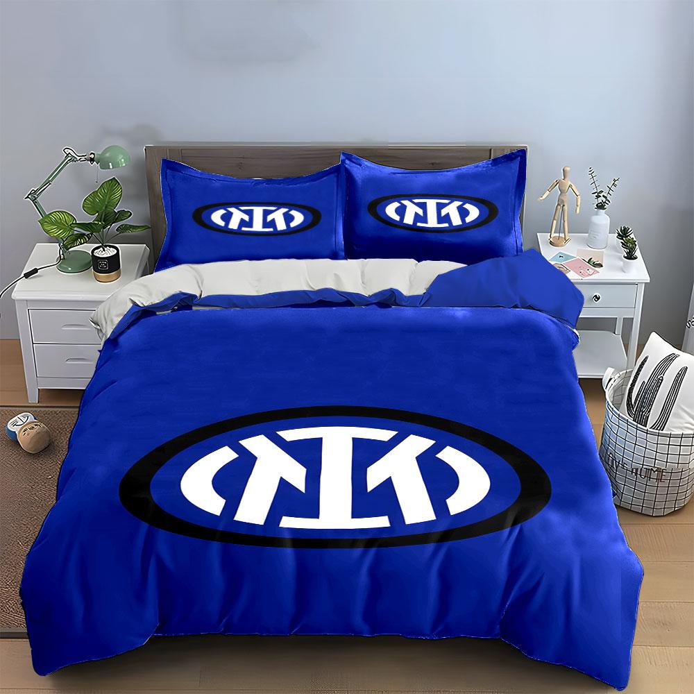 Blue Bedding Set with Interlocked White Logo Print Bedding Set Duvet Cover Pillowcases (1* Duvet Cover 2* Pillowcases Do Not Include Comforter)