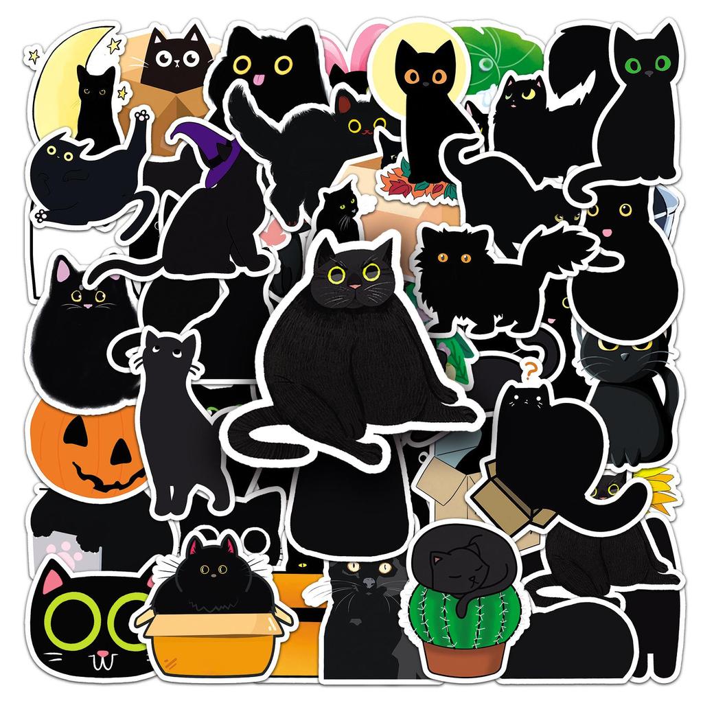 50 Black Cat Graffiti Cartoon Animal Stickers for DIY: Waterproof, Suitable for Phone Cases & Suitcases