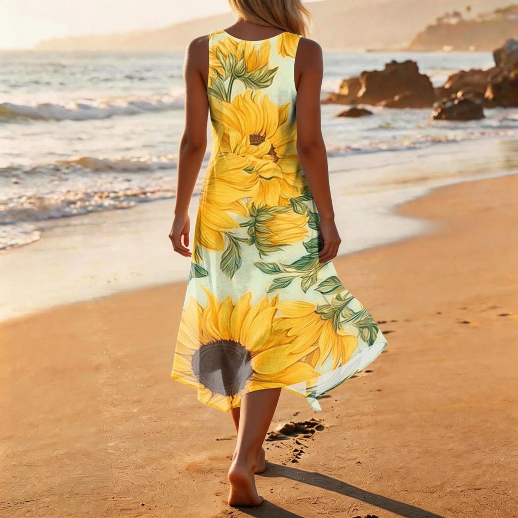 Women Sleeveless Casual Floral Print Midi Dress Round Neck Asymmetric Hem Summer Beach Dress