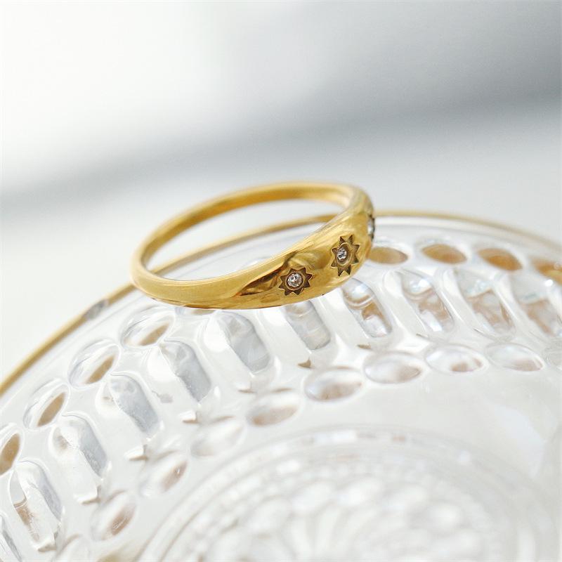 Bohemian Titanium Steel Ring with Inlaid Diamonds, Featuring Retro Distressed Moon, Star, and Sun Design for Women